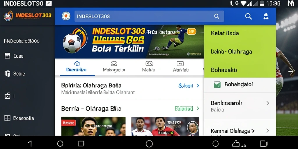 Tampilan layar utama aplikasi INDESLOT303 dengan berita olahraga bola.